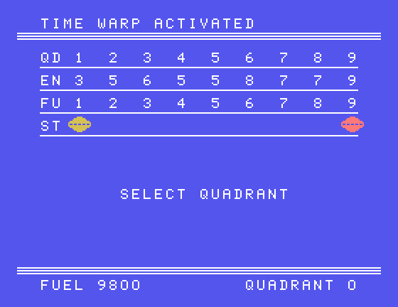 Moonbeam Express TI-99/4A Screenshot: Select a quadrant to warp to...