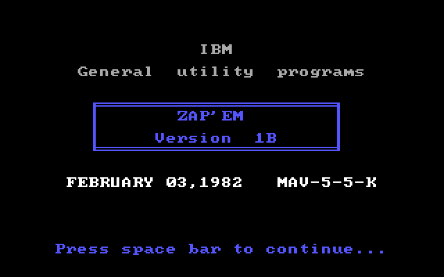 Zap'em IBM PC/Compatibles Screenshot: Title screen.