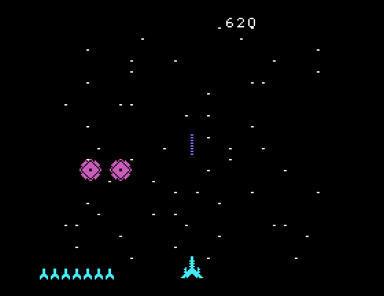 Astromania TI-99/4A Screenshot: Two invaders left, but they almost reached the bottom of the screen...