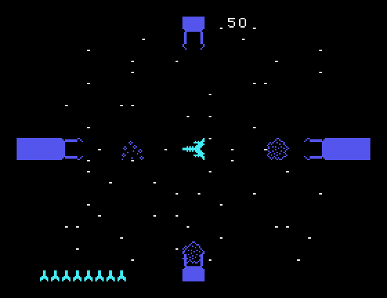 Astromania TI-99/4A Screenshot: Blasted one asteroid, but more appear!