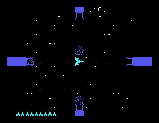 Astromania TI-99/4A Screenshot: Game start; don't get hit by asteroids!
