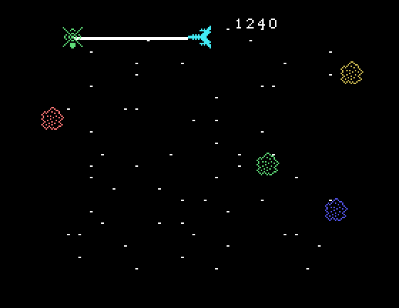 Astromania TI-99/4A Screenshot: Blast the droid before it blasts you!