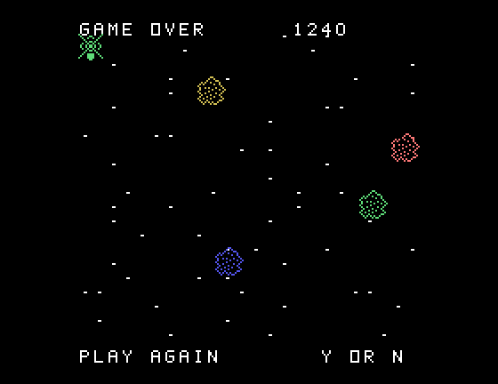Astromania TI-99/4A Screenshot: Game over.