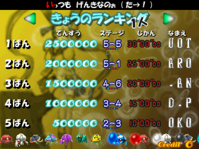Puzzle! Mushihimetama Arcade Screenshot: Game attract mode - high scores.