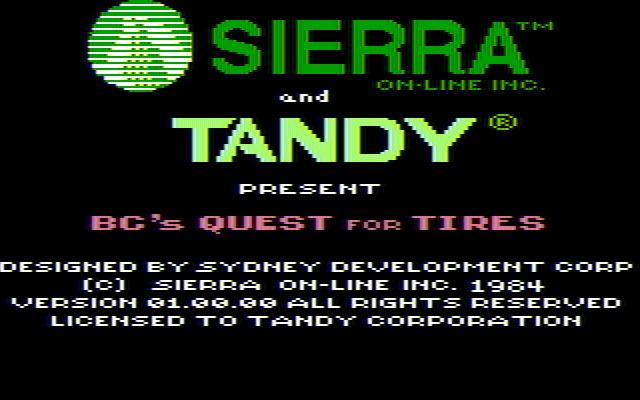 BC's Quest for Tires IBM PC/Compatibles Screenshot: Title screen (Tandy licensed release).