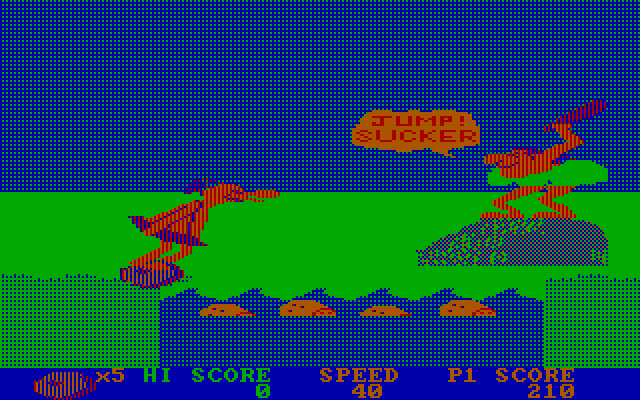 BC's Quest for Tires IBM PC/Compatibles Screenshot: Jump over the river, but don't let Fat Broad hit you with her club!