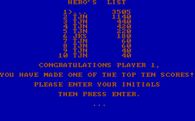 BC's Quest for Tires IBM PC/Compatibles Screenshot: The high score screen.
