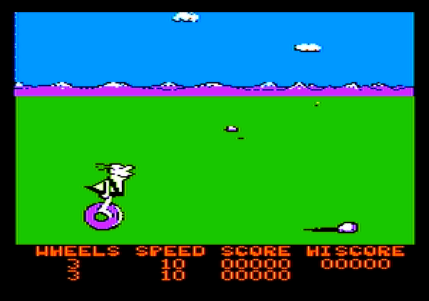 BC's Quest for Tires Apple II Screenshot: Game start; here comes a rock to jump over!
