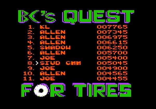 BC's Quest for Tires Apple II Screenshot: High score screen.