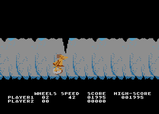 BC's Quest for Tires Atari 8-bit Screenshot: Ducking under an obstacle.