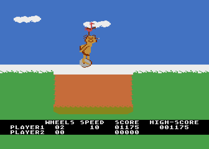 BC's Quest for Tires Atari 8-bit Screenshot: Flying over the lava pit...