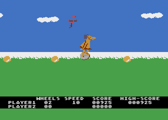 BC's Quest for Tires Atari 8-bit Screenshot: This bird can help me across the volcano...