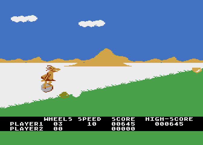 BC's Quest for Tires Atari 8-bit Screenshot: Jump over the boulders on this hill...