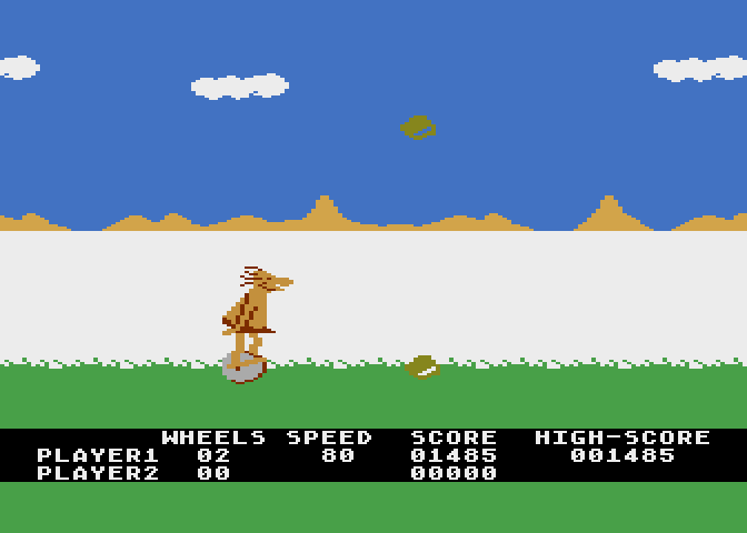 BC's Quest for Tires Atari 8-bit Screenshot: Dodge or jump over the incoming rocks!