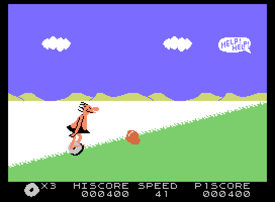 BC's Quest for Tires ColecoVision Screenshot: Avoid the rolling boulders when travelling up this hill...