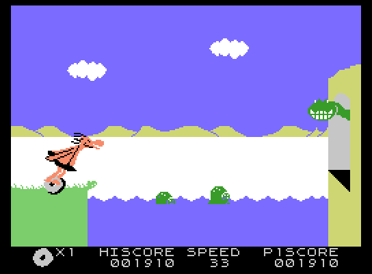 BC's Quest for Tires ColecoVision Screenshot: Another jumping sequence; careful timing is needed to avoid hitting the dinosaur!
