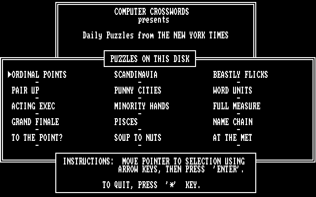 New York Times Crossword Puzzles: Volume III, The IBM PC/Compatibles Screenshot: The main menu.