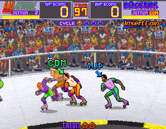 Rollergames Arcade Screenshot: When starting out the game highlights which player is which...