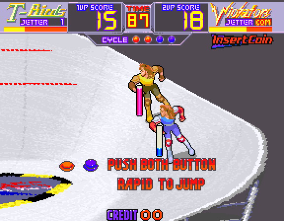 Rollergames Arcade Screenshot: Press both buttons to jump...