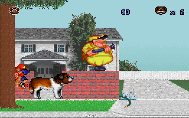 Beethoven: The Ultimate Canine Caper! IBM PC/Compatibles Screenshot: A dog catcher and a skateboarder in the way!
