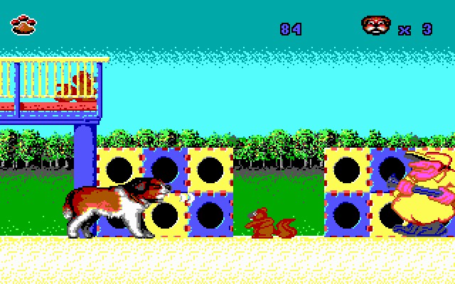 Beethoven: The Ultimate Canine Caper! IBM PC/Compatibles Screenshot: An angry squirrel and dog catcher block the way!