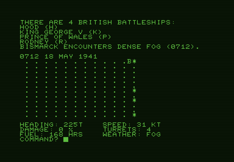 North Atlantic Convoy Raider Commodore PET Screenshot: Enter your command.