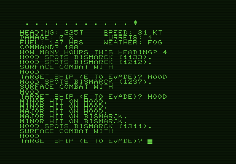 North Atlantic Convoy Raider Commodore PET Screenshot: Both ships are damaged...