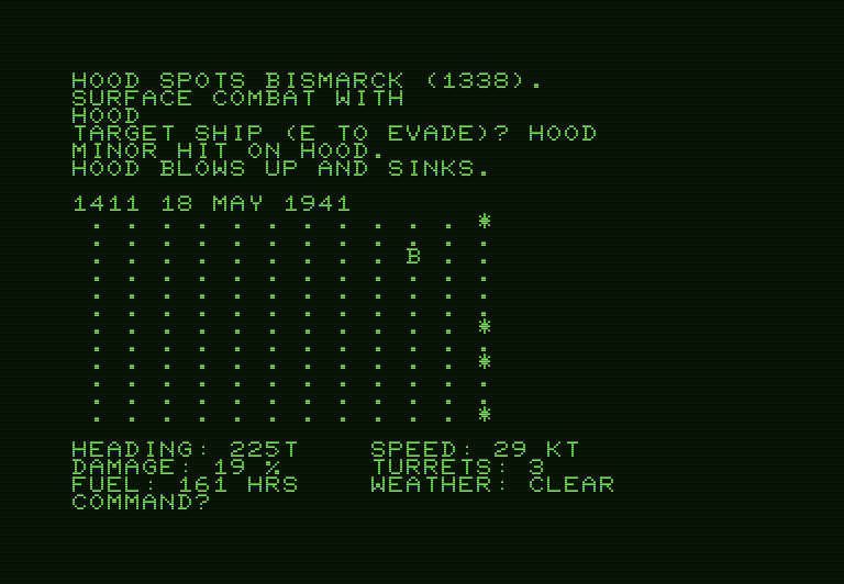 North Atlantic Convoy Raider Commodore PET Screenshot: Hood blows up and sinks...