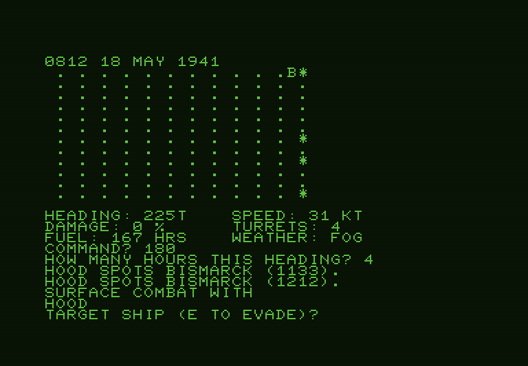 North Atlantic Convoy Raider Commodore PET Screenshot: Surface combat begins; target ship or evade?