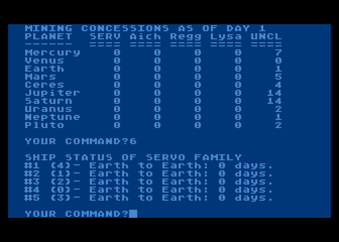 Planet Miners Atari 8-bit Screenshot: Mining concessions as of day 1...and the ship status.