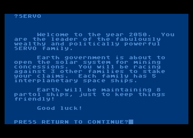 Planet Miners Atari 8-bit Screenshot: Welcome to the year 2050! Good luck...