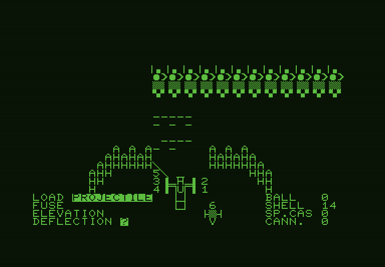 Guns of Fort Defiance Commodore PET Screenshot: Select a projectile to load...then fire!