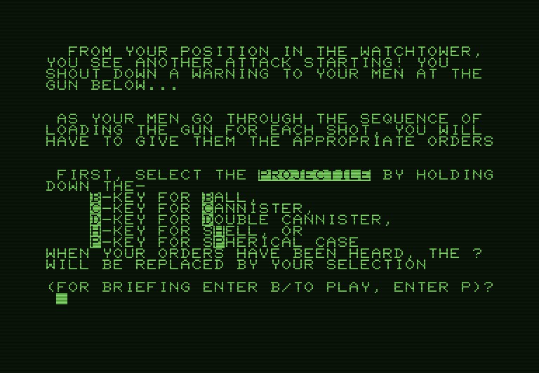Guns of Fort Defiance Commodore PET Screenshot: Game instructions.