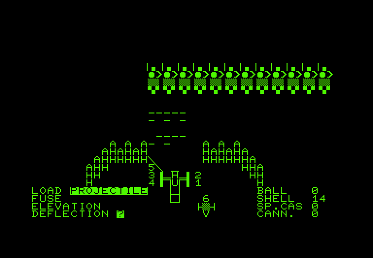 Guns of Fort Defiance Commodore PET Screenshot: Select a projectile to load...then fire!