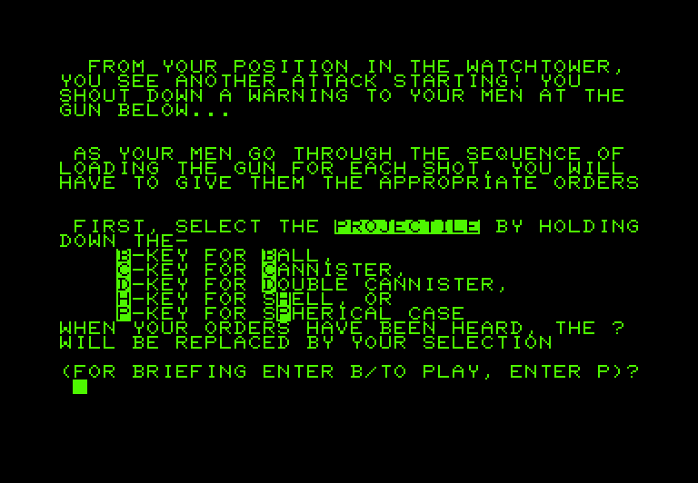 Guns of Fort Defiance Commodore PET Screenshot: Game instructions.