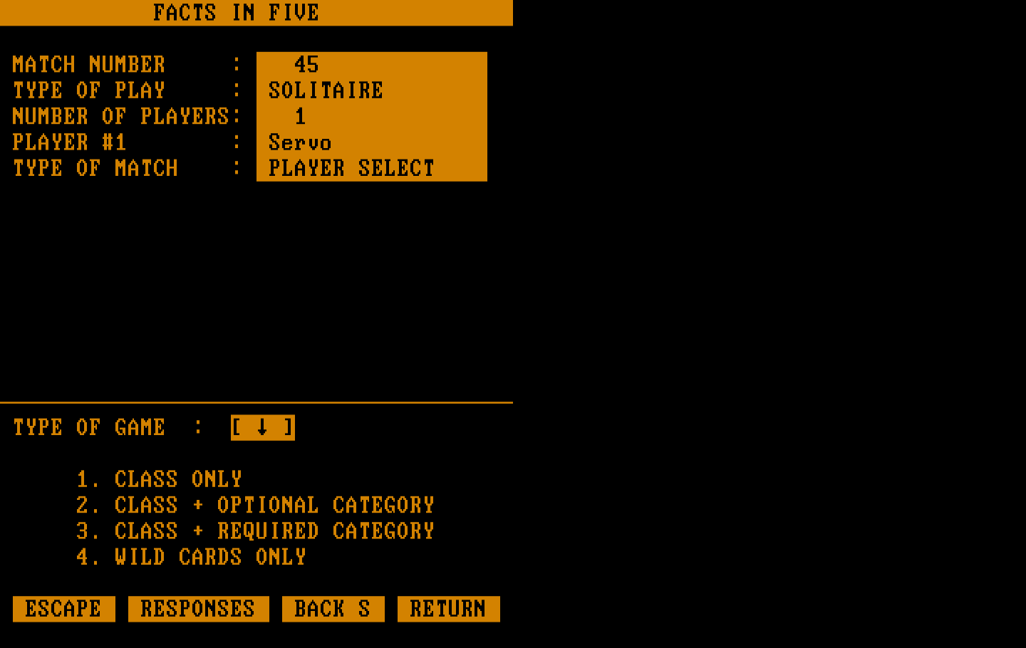Computer Facts in Five IBM PC/Compatibles Screenshot: Select a type of game.