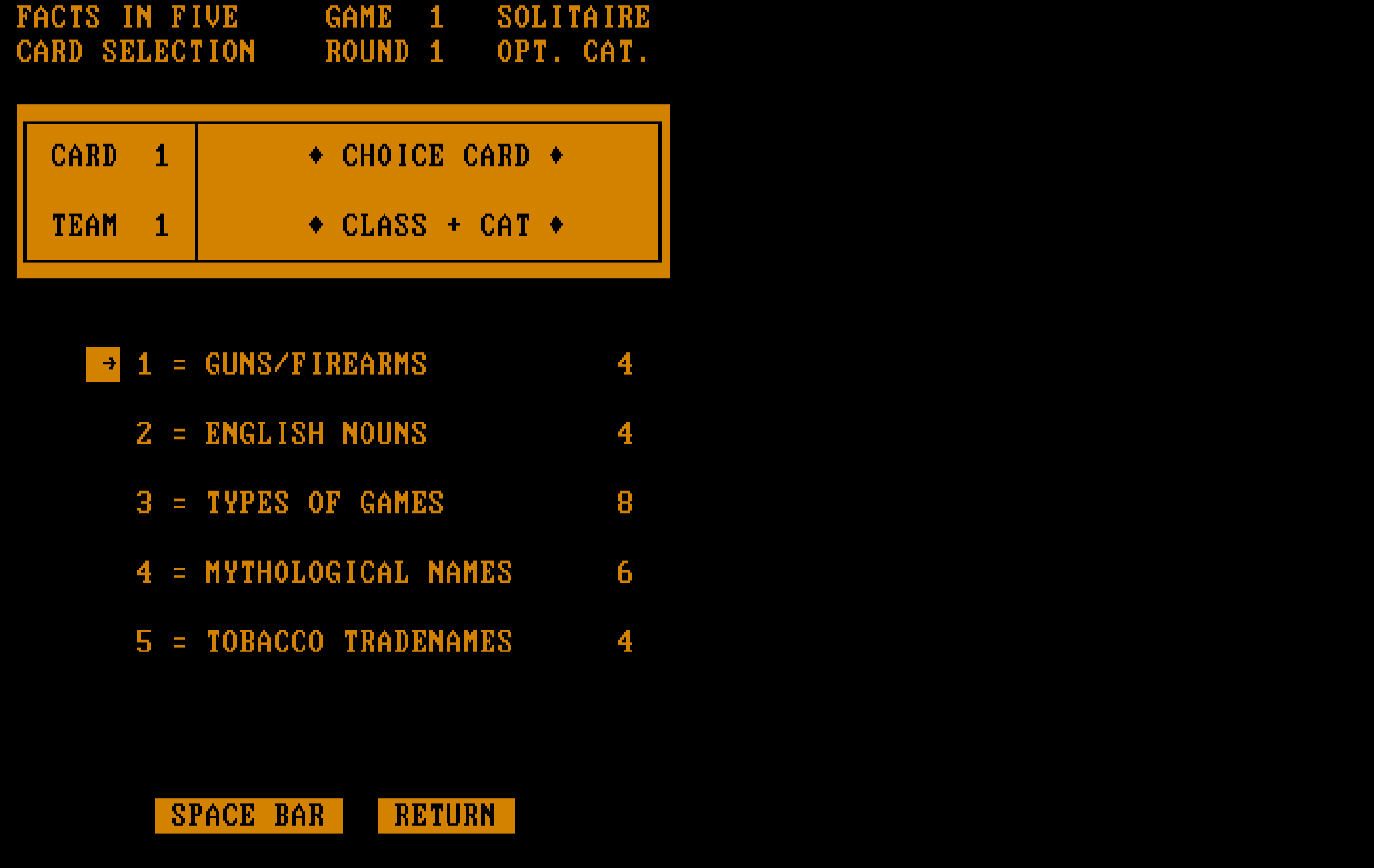 Computer Facts in Five IBM PC/Compatibles Screenshot: Selecting some categories.