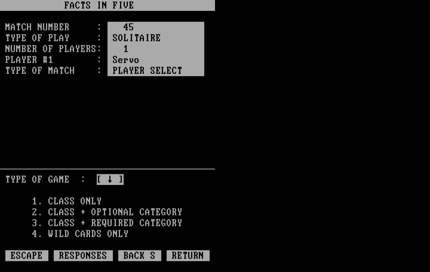 Computer Facts in Five IBM PC/Compatibles Screenshot: Select a type of game.