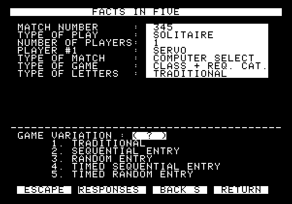 Computer Facts in Five Apple II Screenshot: Here's the selected game options.