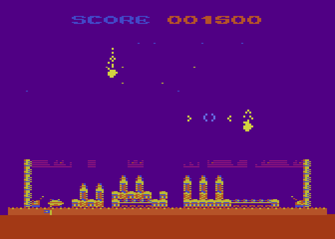 Strätos Atari 8-bit Screenshot: Hit the meteors before your city is destroyed!