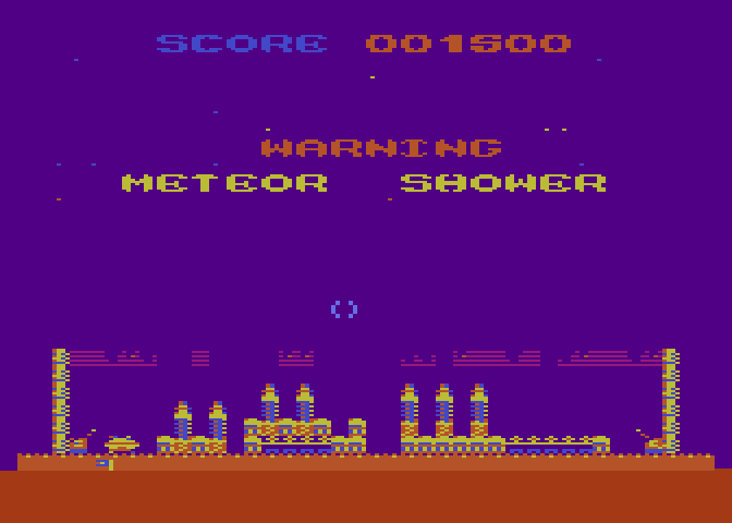 Strätos Atari 8-bit Screenshot: Warning, meteor shower!