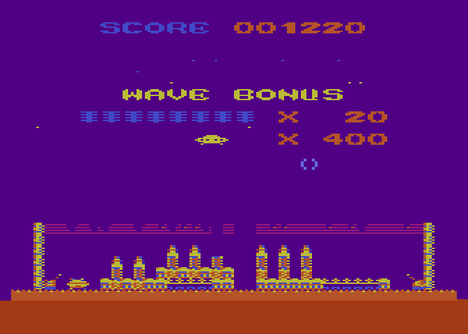 Strätos Atari 8-bit Screenshot: Wave bonus.