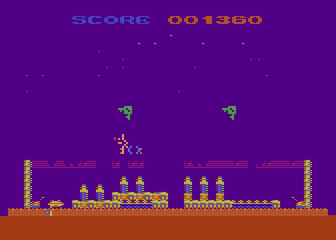 Strätos Atari 8-bit Screenshot: One alien shot, a few more to go...