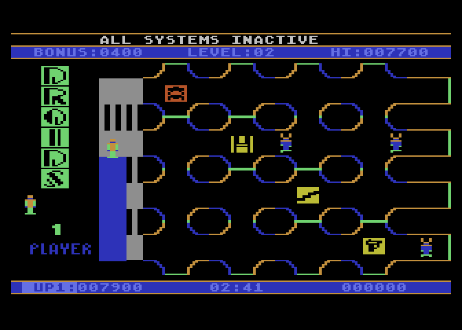 Droids Atari 8-bit Screenshot: The elevator on the left is slow but provides a more direct route to floors...