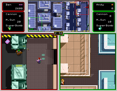 Crack Down Arcade Screenshot: Those arrows in the left player screen indicate the exit.