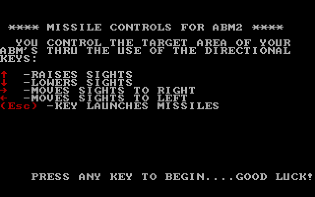 Anti-Ballistic-Missile IBM PC/Compatibles Screenshot: Here's the controls for playing the game.