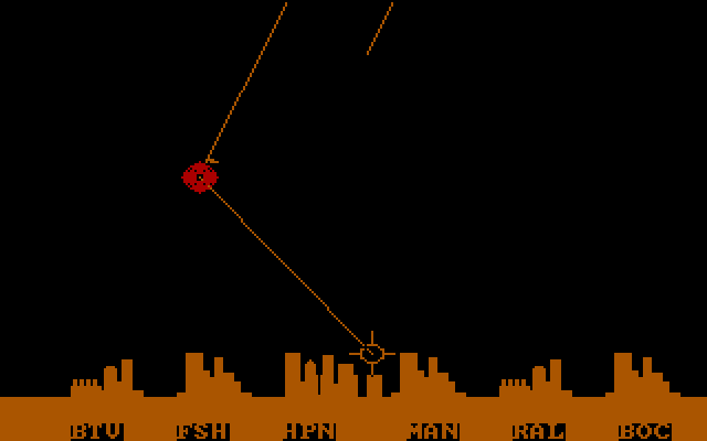 Anti-Ballistic-Missile IBM PC/Compatibles Screenshot: Starting again; attacking an enemy!