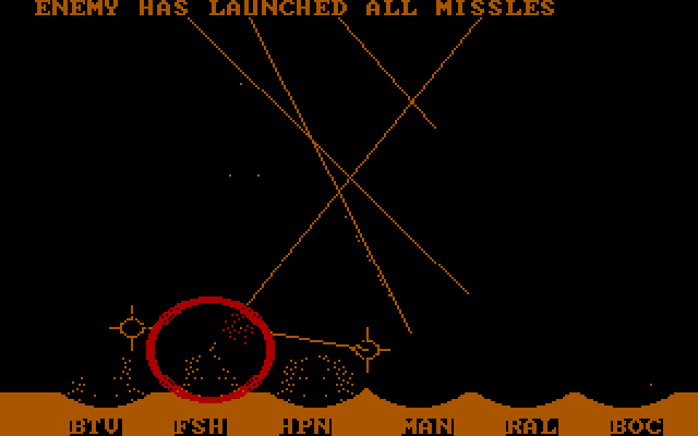 Anti-Ballistic-Missile IBM PC/Compatibles Screenshot: The enemy has launched all missles...but I don't have any cities left!