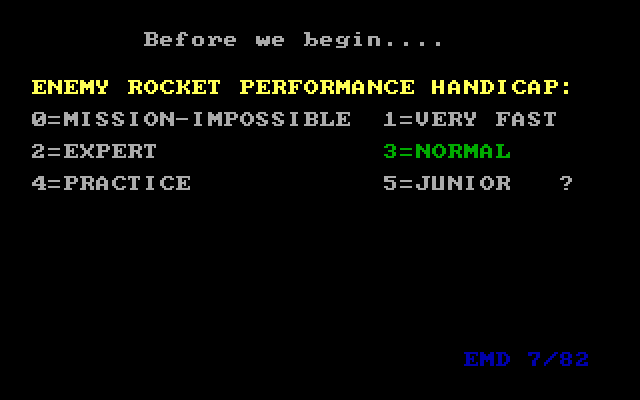 Anti-Ballistic-Missile IBM PC/Compatibles Screenshot: Before we begin...what difficulty level?