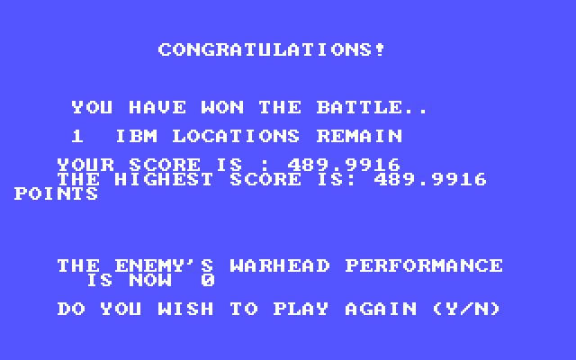 Anti-Ballistic-Missile IBM PC/Compatibles Screenshot: Won this round! Care to try again?